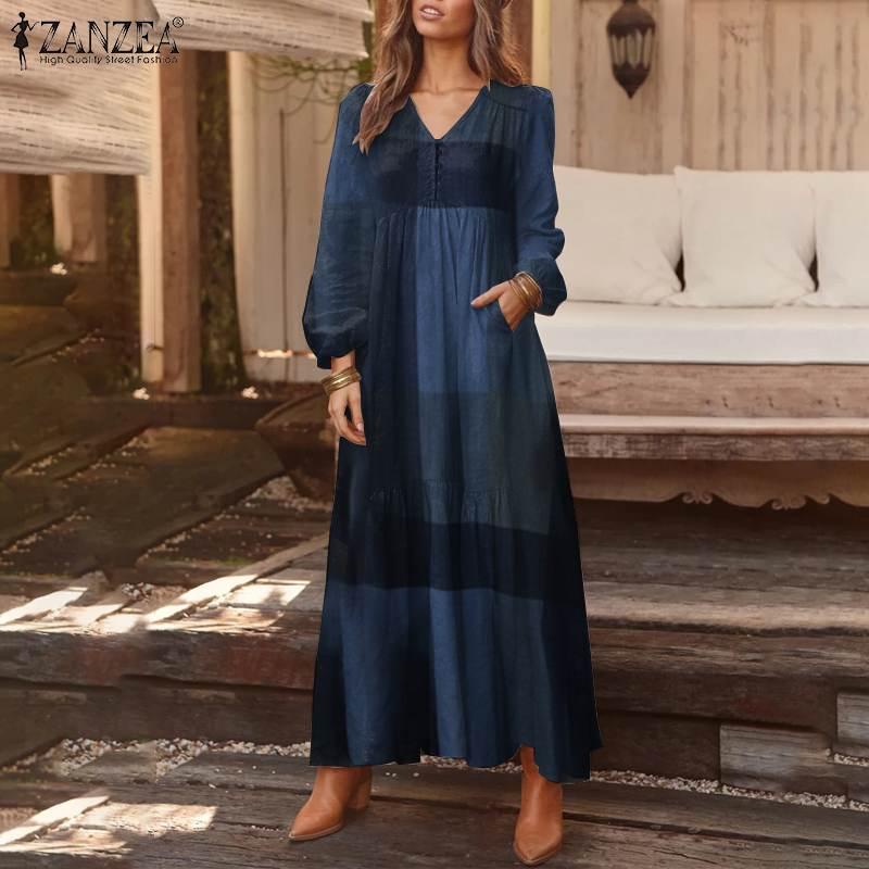Изображение товара: Элегантное женское платье-рубашка макси ZANZEA с длинным рукавом Vestidos осеннее винтажное женское платье в клетку модное платье