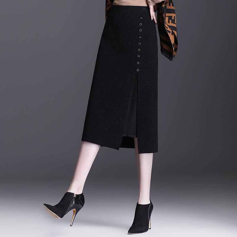 Изображение товара: Женская трикотажная облегающая юбка с высокой талией, осенне-зимняя плиссированная эластичная элегантная Офисная женская черная вязаная юбка средней длины