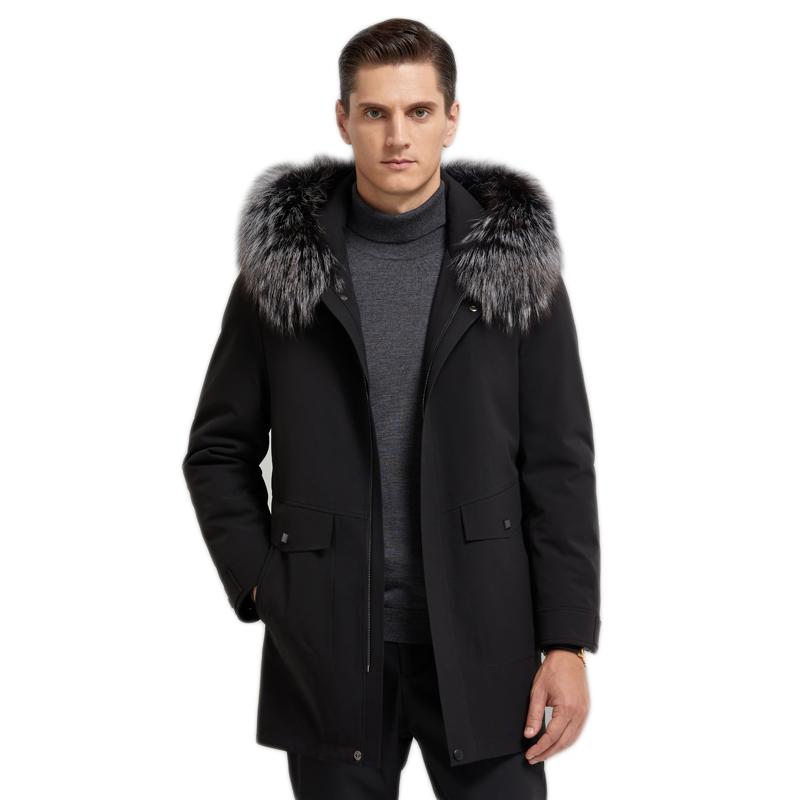 Изображение товара: 2020 новая дизайнерская мужская одежда, зимняя куртка средней длины с кроличьим подкладом, мужское черное пальто с меховым воротником и капюшоном, зимняя мужская куртка, M-4XL
