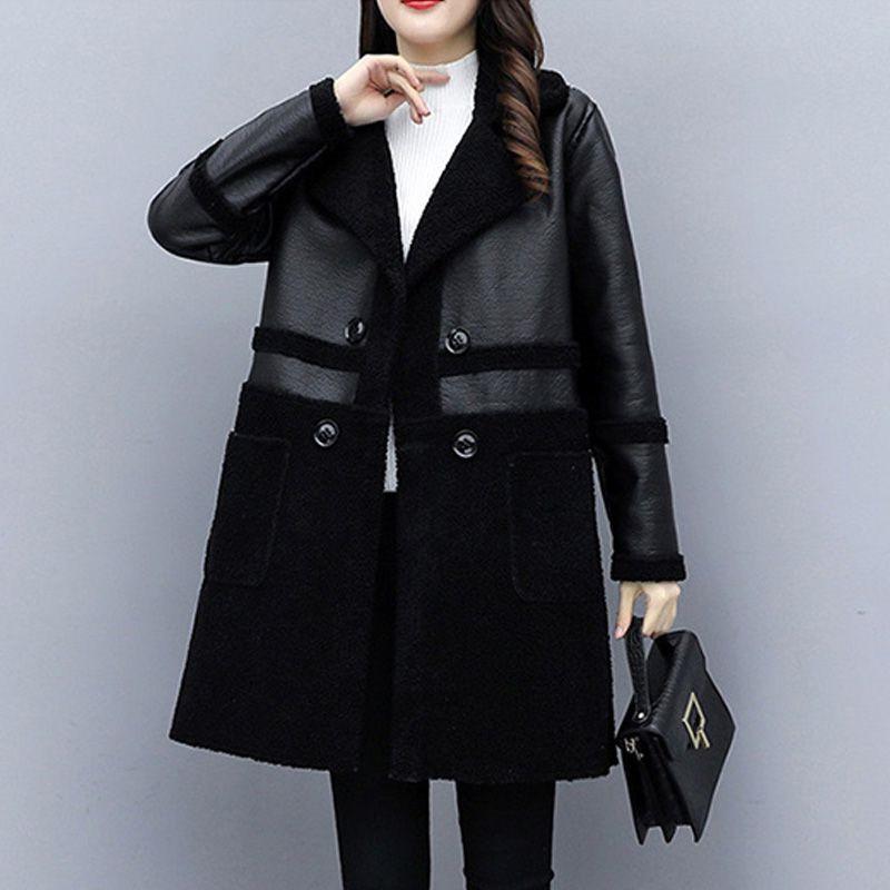 Изображение товара: Свободная Черная куртка из искусственной кожи большого размера, зимняя кашемировая куртка из овечьей шерсти, плотная Двухсторонняя куртка из искусственной кожи 5XL W2240