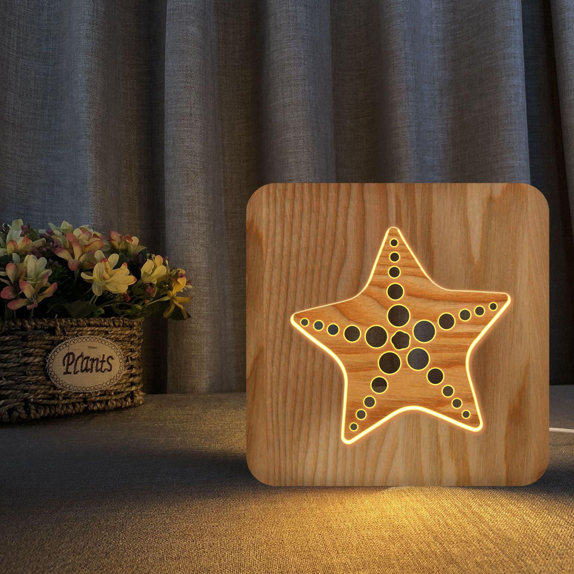 Изображение товара: Деревянная настольная лампа с изображением морской звезды, с вырезами, 3d Светодиодные ночные светильники, освещение для сна для дома, спальни, Декор, рождественский подарок для детей