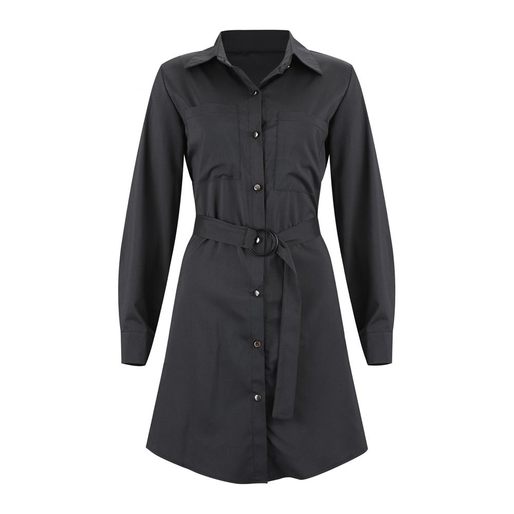 Изображение товара: Женское платье-рубашка с поясом, Черное длинное платье на пуговицах, с длинным рукавом, с отворотом, осень, повседневная, для работы, для весны и осени