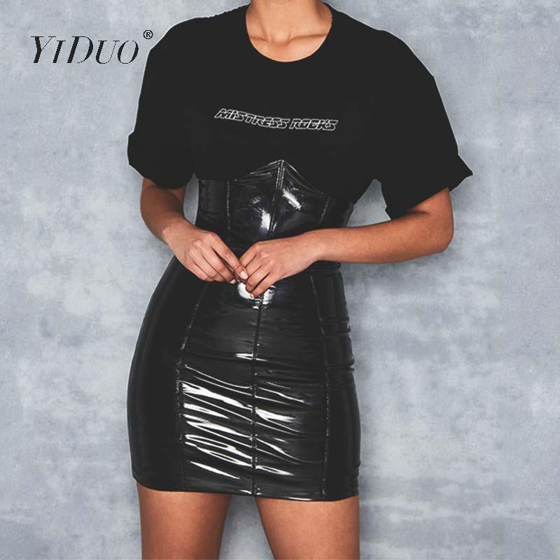 Изображение товара: Женская юбка из искусственной кожи YiDuo, черная мини-юбка на молнии с высокой талией, короткая уличная одежда, 2019