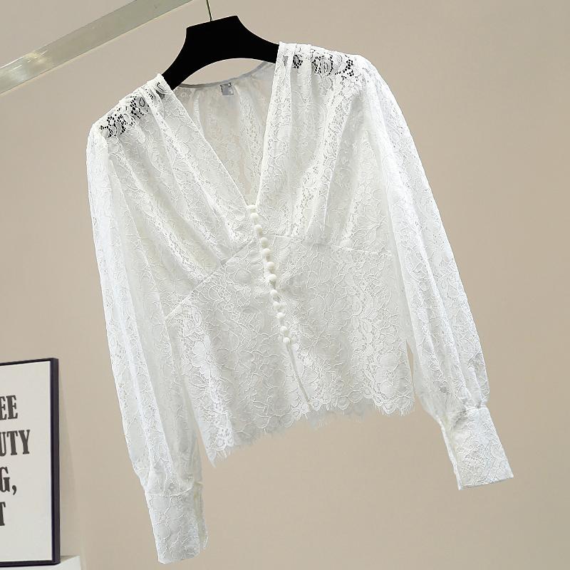 Изображение товара: Винтажная однобортная кружевная блузка с v-образным вырезом для женщин, вязаная крючком кружевная рубашка с длинным рукавом, универсальные женские топы