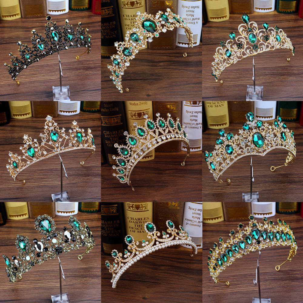 Изображение товара: Диадема для волос, с зелеными кристаллами, в стиле барокко, стразы, короны и диадемы для свадьбы, выпускного вечера, аксессуары для волос