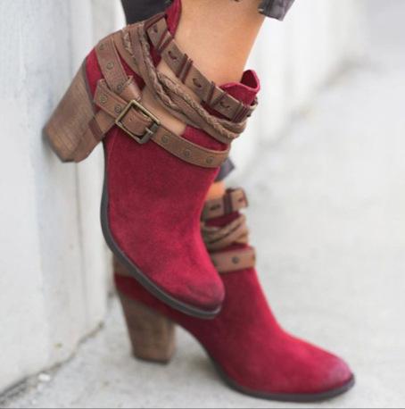 Изображение товара: Женские ботинки, модная повседневная женская обувь, ботинки, замшевые кожаные ботинки с пряжкой, зимняя обувь на высоком каблуке на молнии для женщин, 2019