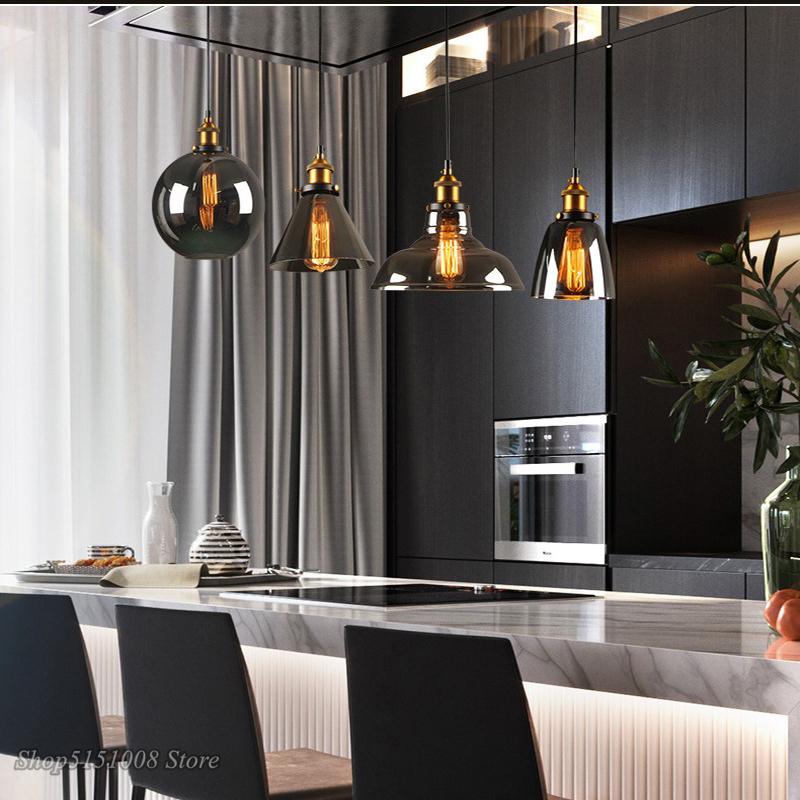 Изображение товара: Винтажный подвесной светильник из дымчато-серого стекла, скандинавский подвесной светильник, E27, Янтарный стеклянный подвесной светильник, Кухонный Светильник