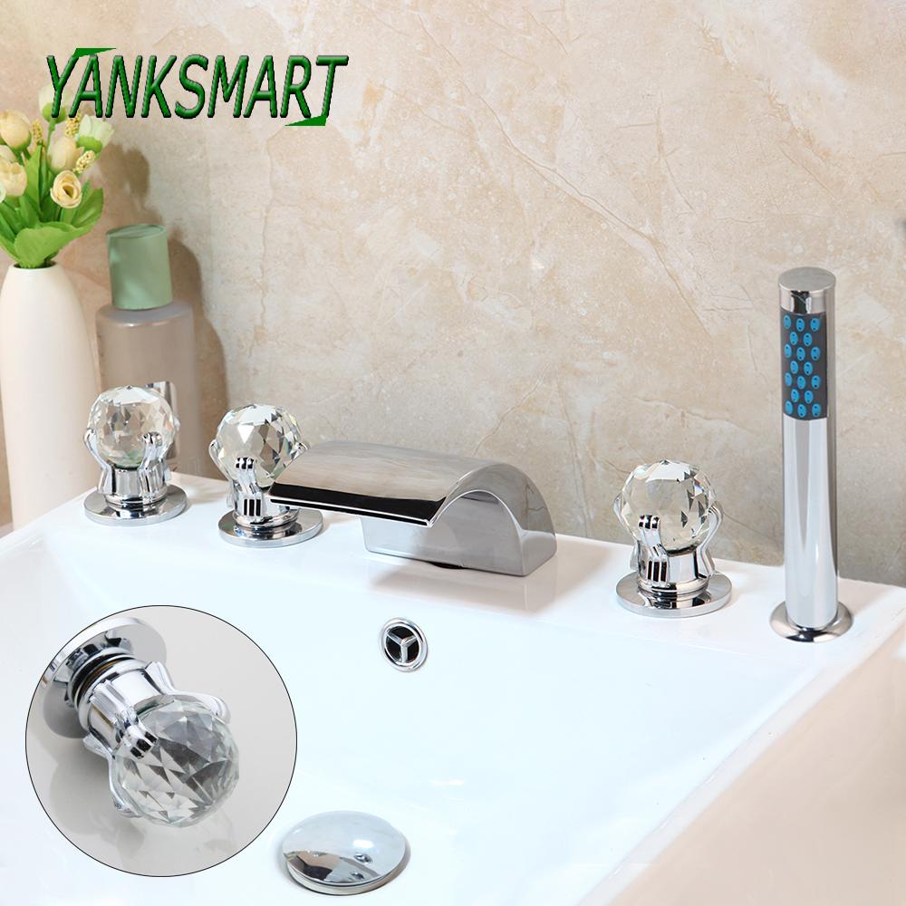 Изображение товара: YANKSMART хромированный полированный однотонный латунный смеситель для ванны для ванной комнаты, комплект из 5 предметов, излив с водопадом, алмазные ручки, смеситель на палубе