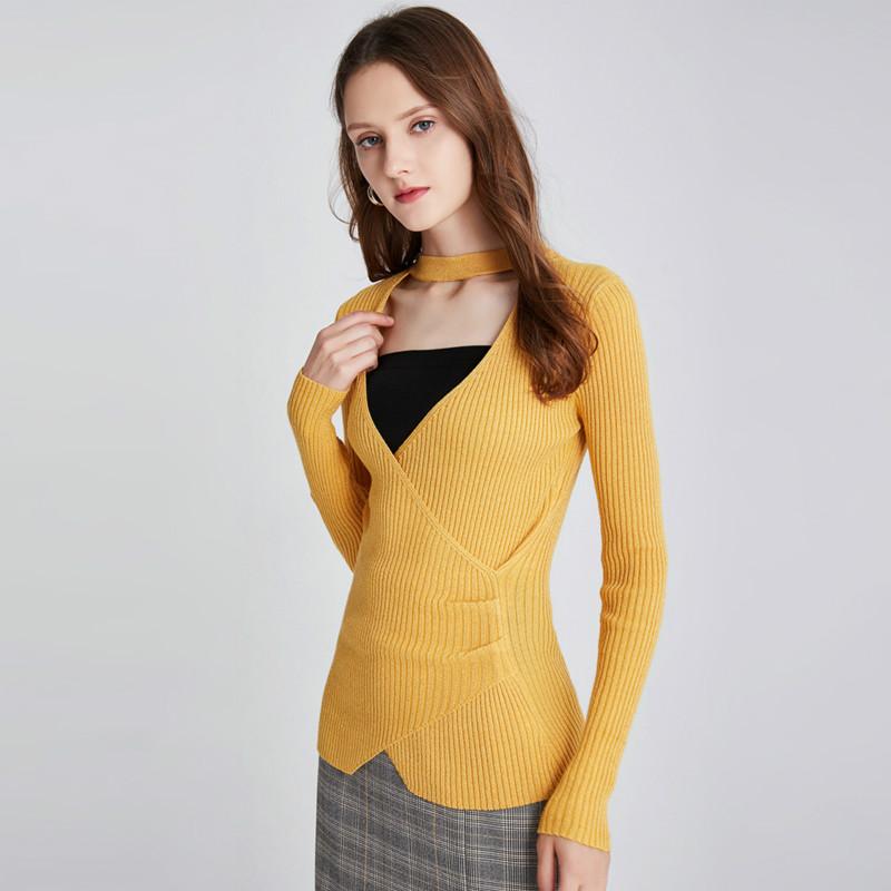 Изображение товара: Женский свитер с V-образным вырезом, желтый пуловер с длинным рукавом, модная Уличная Повседневная рубашка, популярный Женский свитшот, 2020