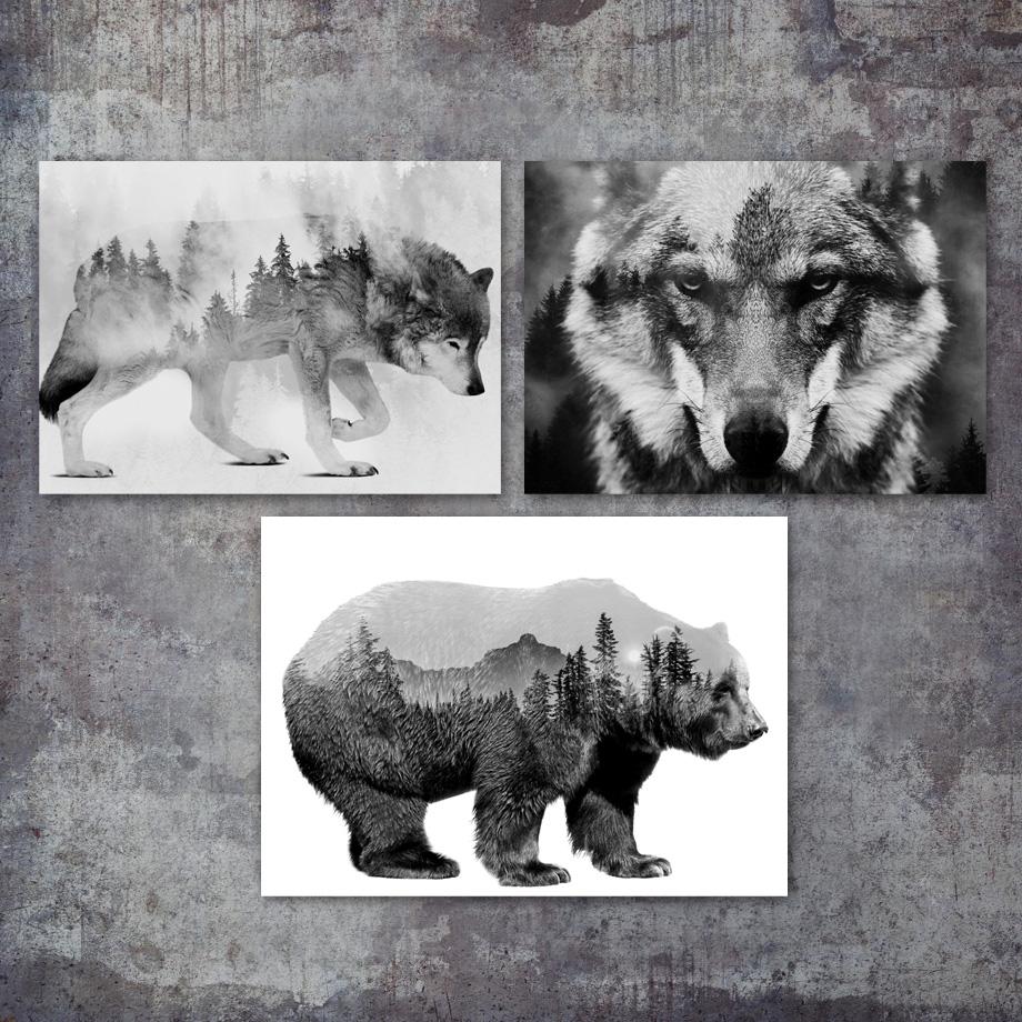 Изображение товара: Абстрактный медведь волк пейзаж настенная Картина на холсте скандинавские постеры и принты черные белые настенные картины для декора гостиной