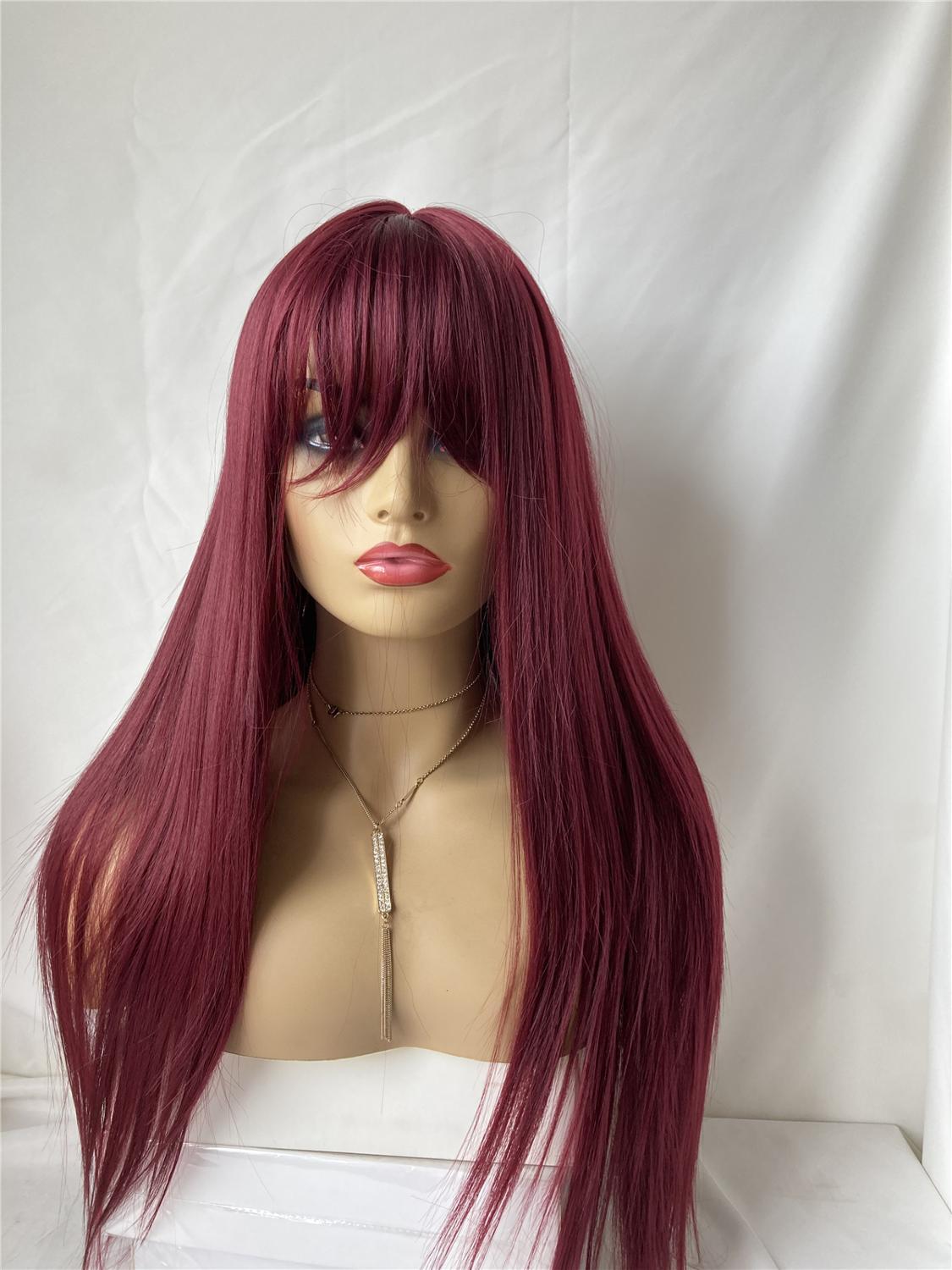 Изображение товара: Длинный бордовый синтетический парик с челкой Детские волосы 99J синтетическое Термостойкое волокно бесклеевой парик