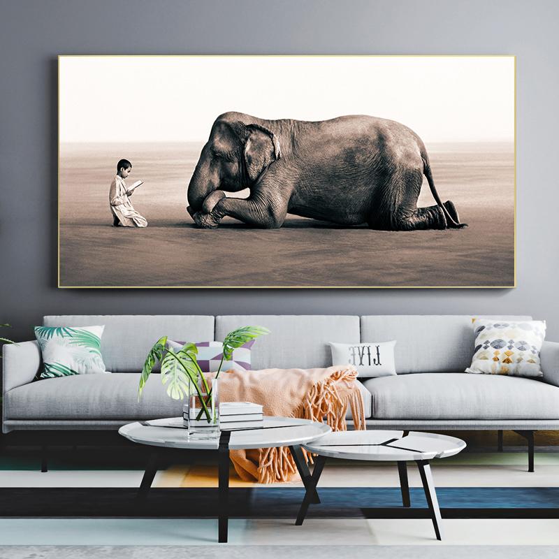 Изображение товара: Картины для чтения мальчиком перед плакат с дизайном «слон» на холсте Черно-белые настенные художественные принты для декора гостиной без рамы