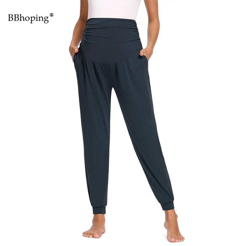Изображение товара: Спортивные штаны для беременных с высокой талией и рюшами, с карманами, штаны для беременных, эластичные брюки для отдыха, удобные свободные спортивные штаны