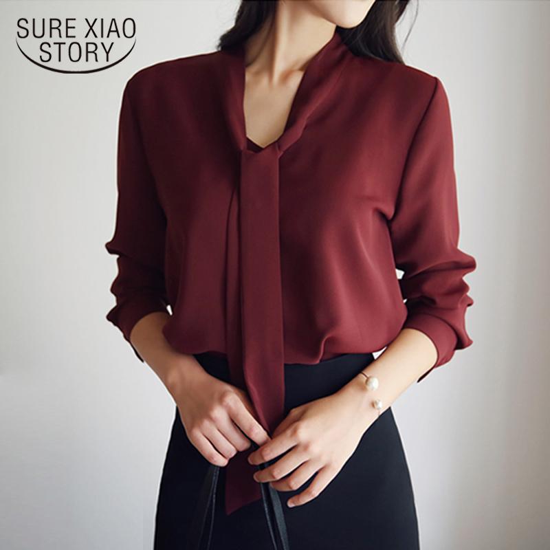 Изображение товара: Женские рубашки с галстуком-бабочкой, осенняя Женская одежда, Корейская Свободная шифоновая блузка с длинным рукавом, рубашка, Женская однотонная блузка 699C 30, 2021