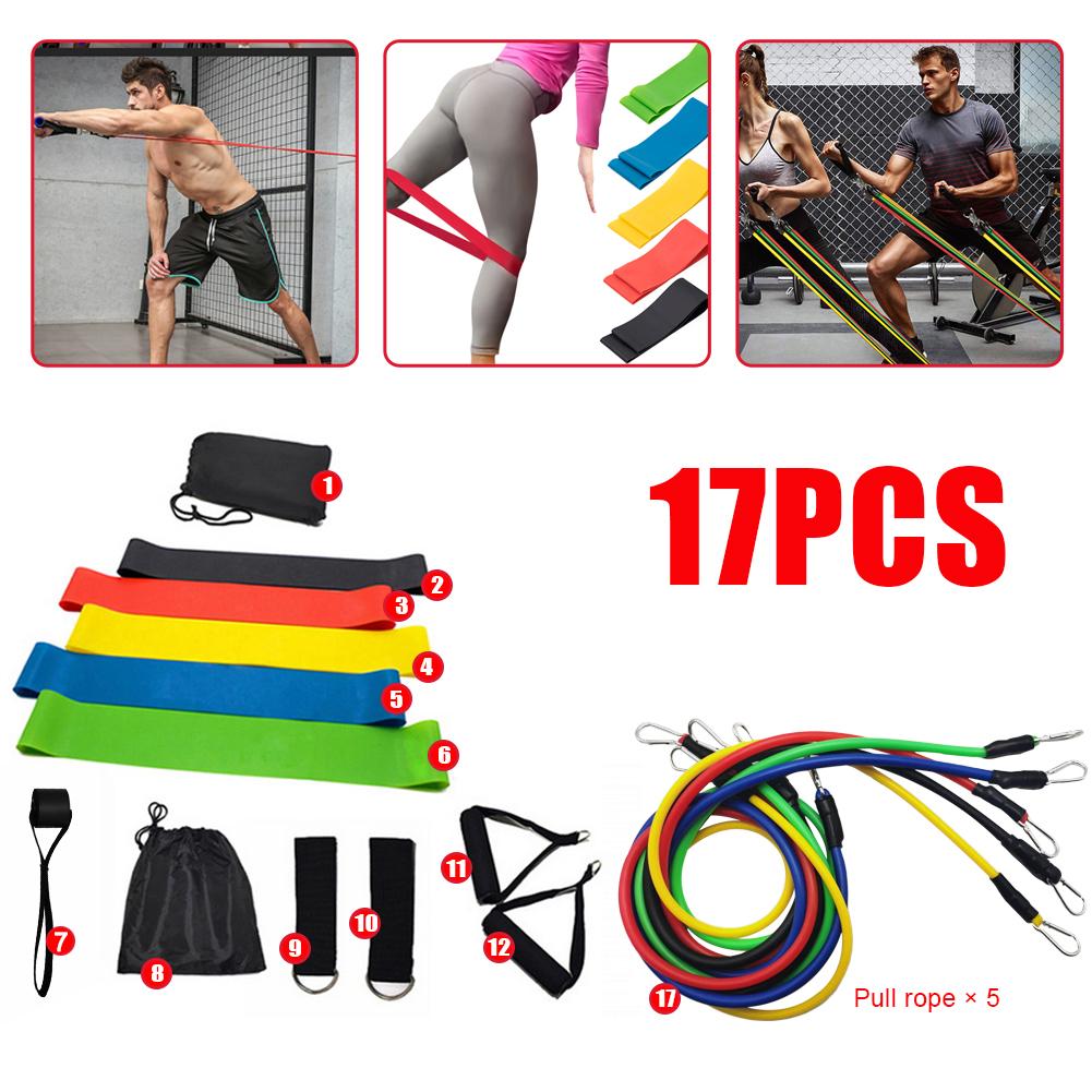 Изображение товара: 17 шт. в комплекте, многофункциональный спортивный набор для вытягивания, эластичный шнур для йоги, фитнеса, тренировочный съемник, алюминиевый карабин с кольцом