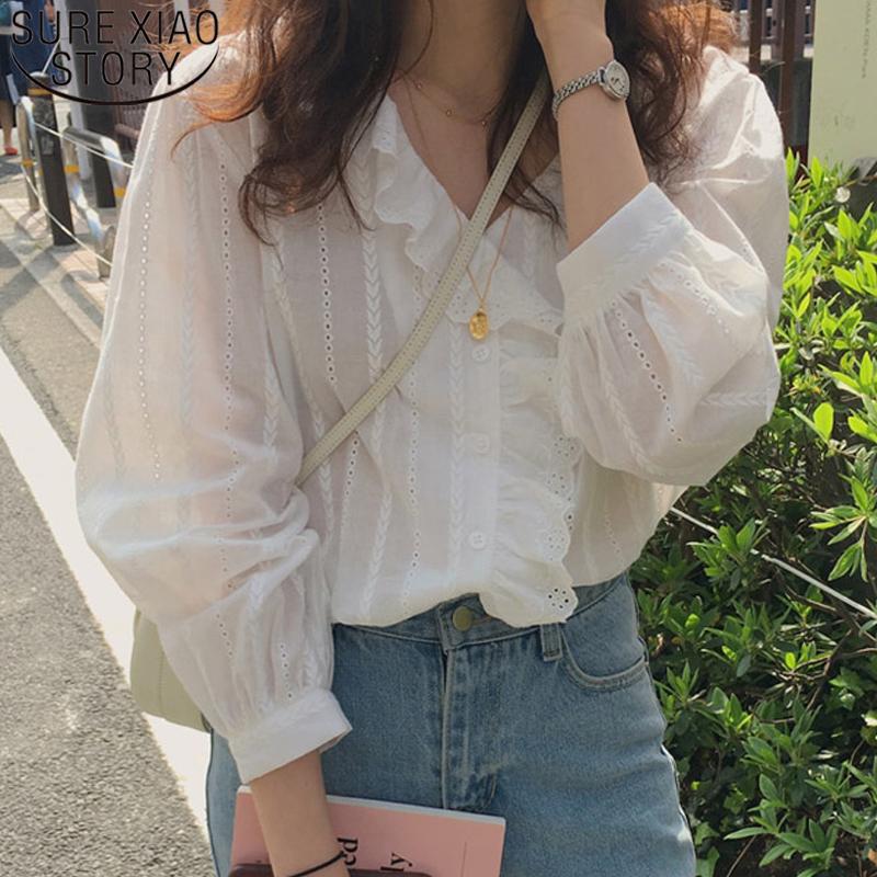 Изображение товара: Женская блузка с длинным рукавом, однотонная белая хлопковая блузка с V-образным вырезом и оборками, модель 2021 в Корейском стиле, 8561