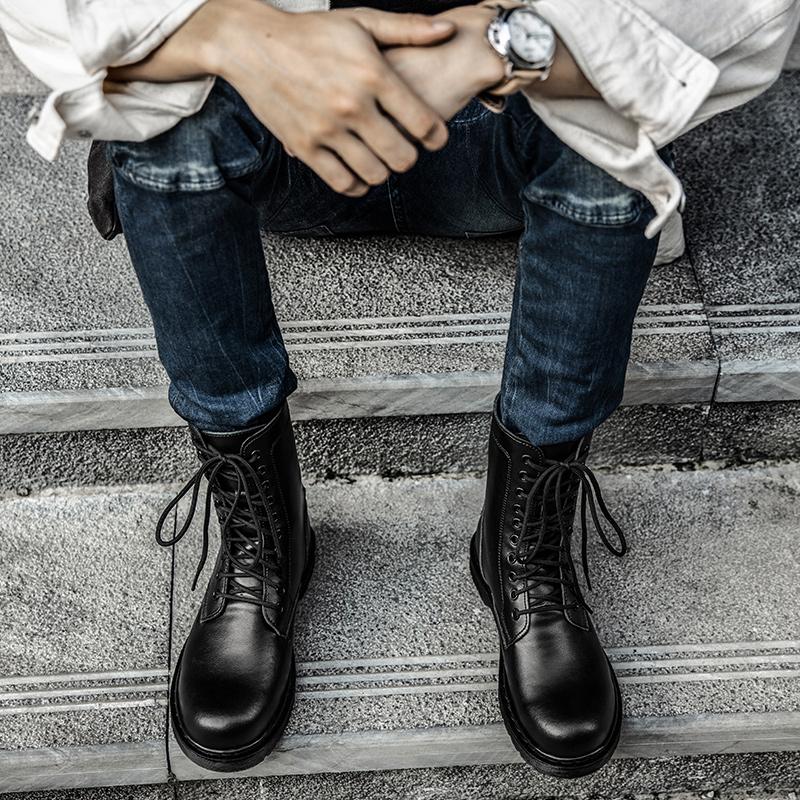 Изображение товара: Мужские ботинки из натуральной кожи, черные мотоциклетные ботинки, теплые меховые сапоги, большой размер 38-48, для зимы