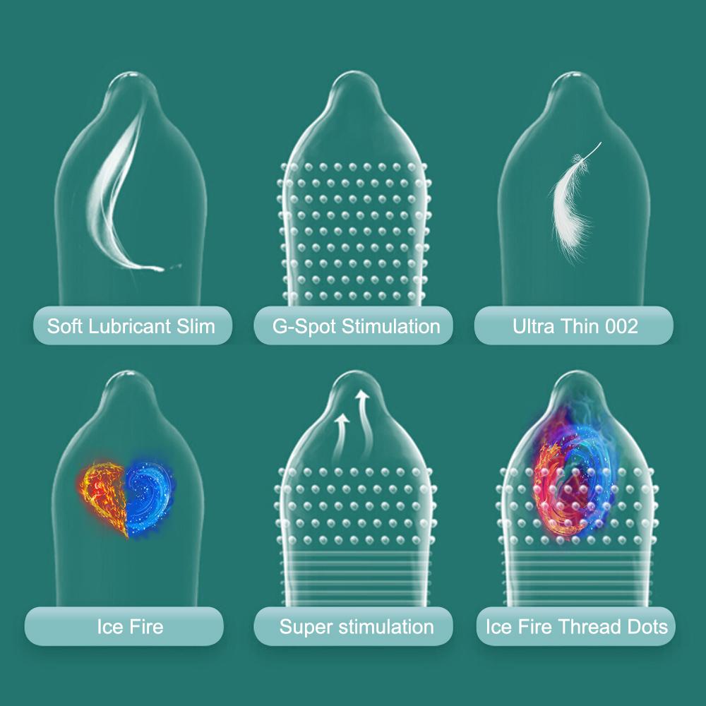 Изображение товара: IKOKY 24 шт./кор. высокое качество презервативы Гладкий потепление ледяной огненный сенсорный экран ультра-тонкая нить частиц презервативы из натурального латекса