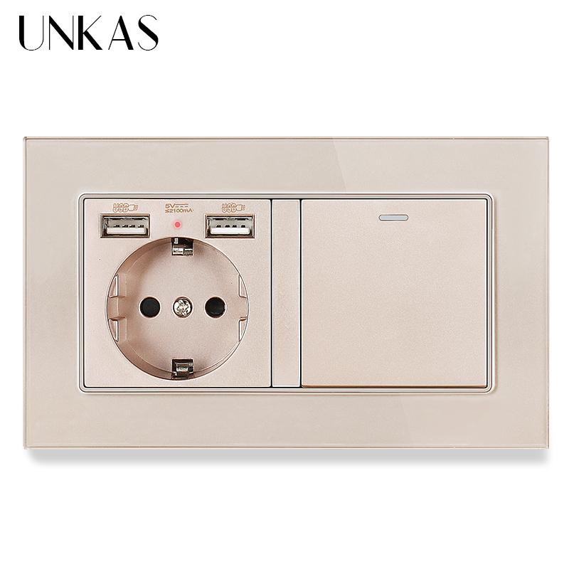 Изображение товара: Настенная розетка UNKAS с двумя USB-портами, европейский стандарт, выключатель из закаленного стекла с панелью, 1 2 3 4 клавиши, 1/2 канала, ВКЛ./ВЫКЛ светильник