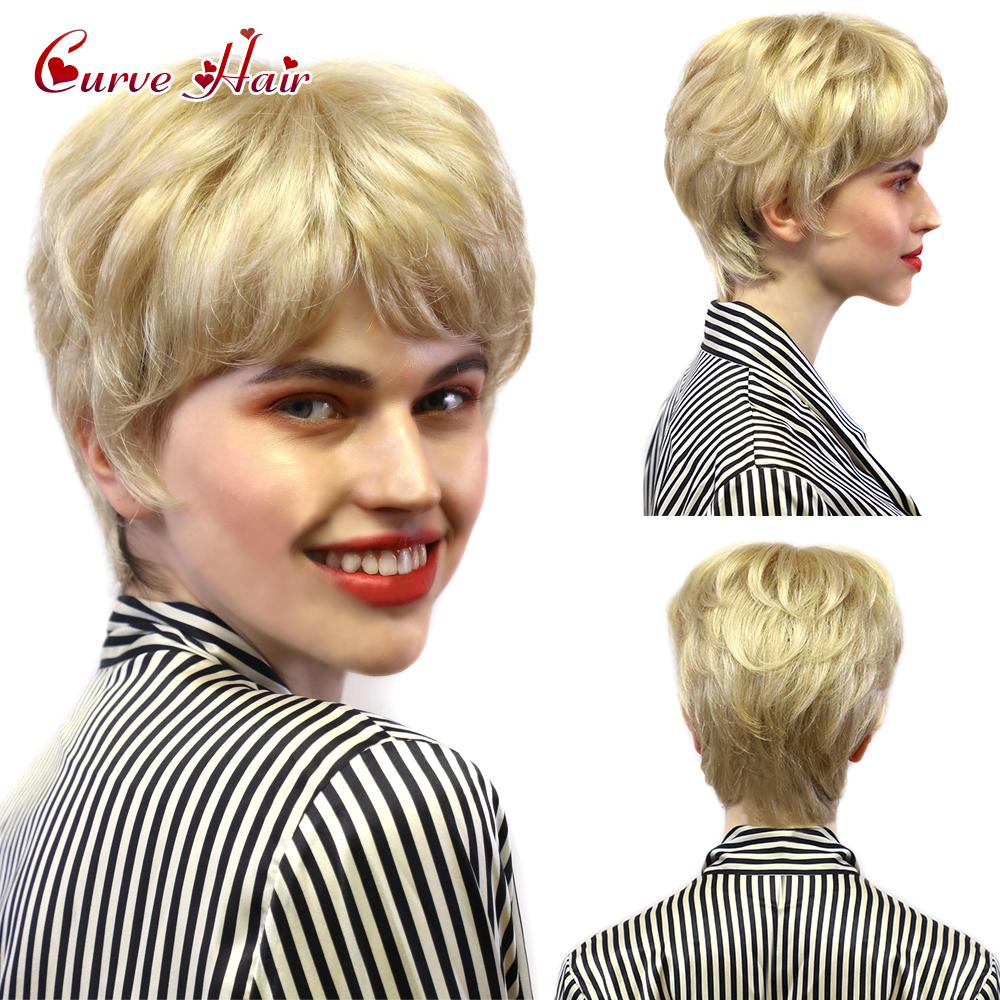 Изображение товара: Женский парик, модный блонд, женский короткий парик с челкой, синтетические волосы, без шнуровки спереди, ручная работа, натуральный вид, женские парики