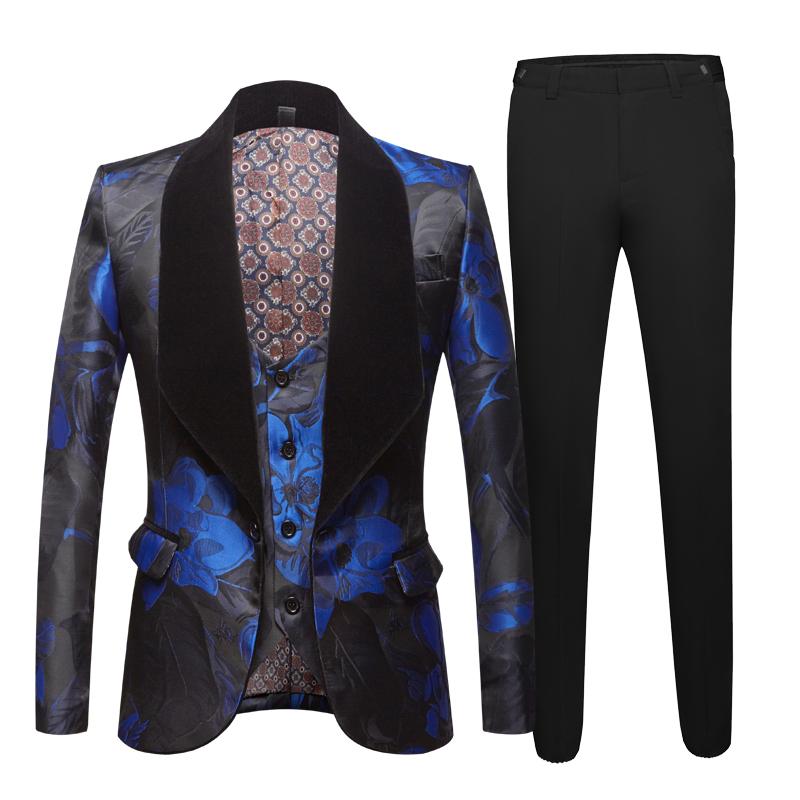 Изображение товара: Жаккардовый костюм для мужчин, Модный повседневный костюм с темно-синим цветочным принтом, новейший дизайн пиджака и брюк, костюм для свадьбы, сцены для жениха