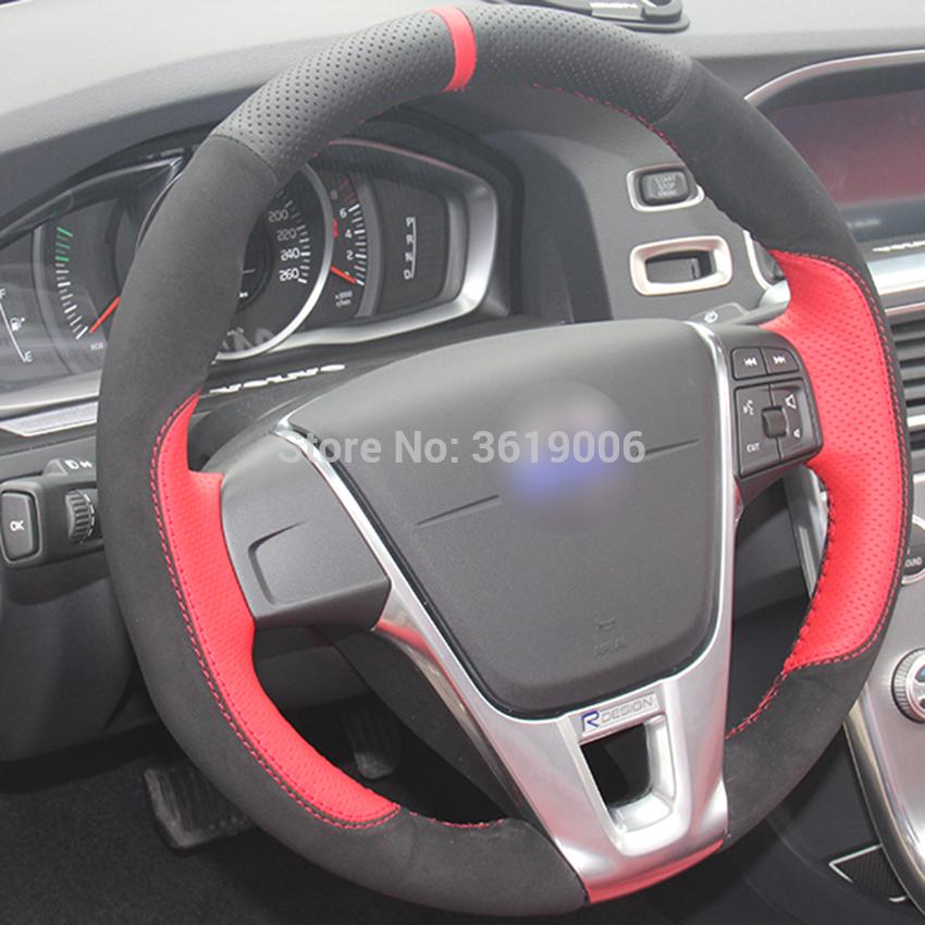 Изображение товара: Для Volvo S60 V40 V60 V70 2014 XC60 самодельная оплетка на рулевое колесо черная замша черный красный кожа Ручное шитье