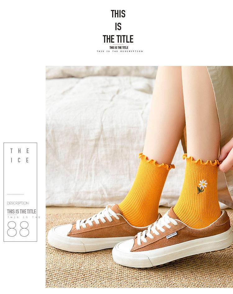 Изображение товара: Новые модные красивые носки с цветочным рисунком и рюшами, милые женские хлопковые носки в стиле Харадзюку для девушек на весну и осень