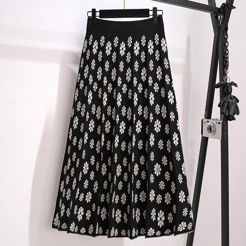 Изображение товара: Винтажная вязаная длинная юбка с завышенной талией, с цветочным принтом, D0429, весна-зима-осень, 2021