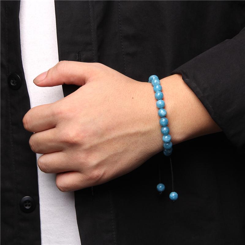 Изображение товара: Мужские браслеты 8 мм полированные бирюзовые браслеты ручной работы Плетеные браслеты с синими камнями Женские винтажные плетеные черные веревки Pulsera