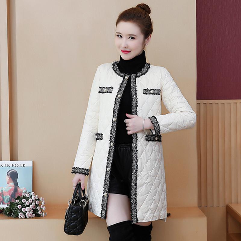Изображение товара: Женская куртка с круглым вырезом в Корейском стиле, однотонная черная и белая куртка-пуховик свободного кроя, длинная парка со стразами, 2020