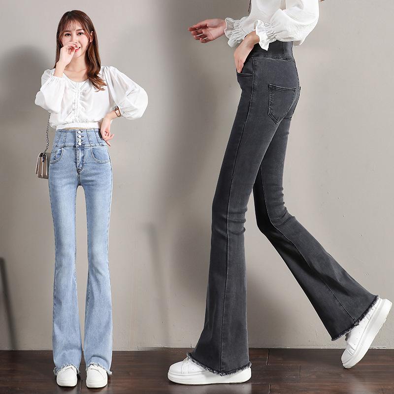 Изображение товара: Женские Модные расклешенные джинсы с высокой талией, облегающие повседневные Стрейчевые джинсы на пуговицах, утолщенная теплая зимняя одежда с подкладкой