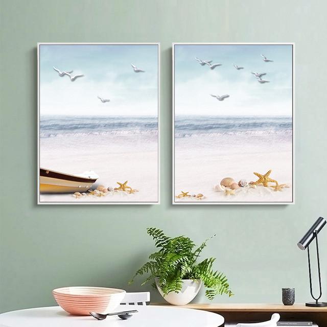 Изображение товара: Настенная картина в нордическом минималистическом стиле с морским пейзажем, Чайка, пляж, морская звезда, абстрактное холщовое украшение, безрамочный печатный плакат