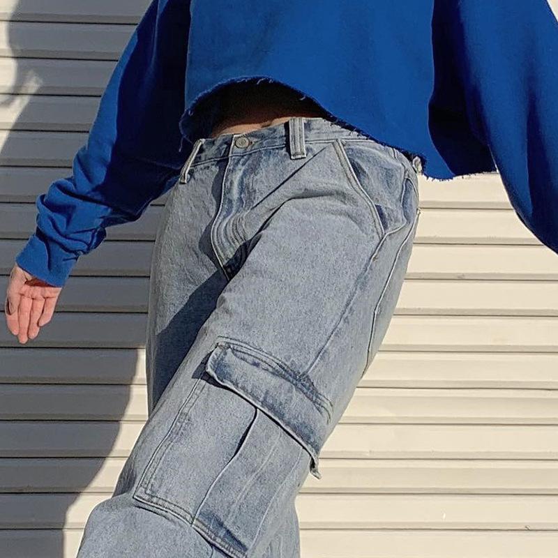 Изображение товара: Женские джинсы QRWR, новинка сезона весна-осень 2020, модные повседневные джинсы в стиле пэчворк с карманами и высокой талией, свободные Универсальные синие брюки-карго
