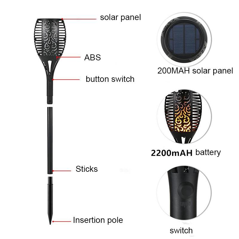 Изображение товара: Светодиодная уличная лампа на солнечной батарее, водонепроницаемый садовый светильник с вставкой в виде пламени, освесветильник для двора, ландшафта, дороги, 96 светодиодов