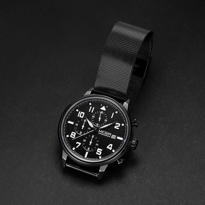 Изображение товара: Мужские кварцевые часы MEGIR, черные, деловые, с сетчатым ремешком из нержавеющей стали, 2020