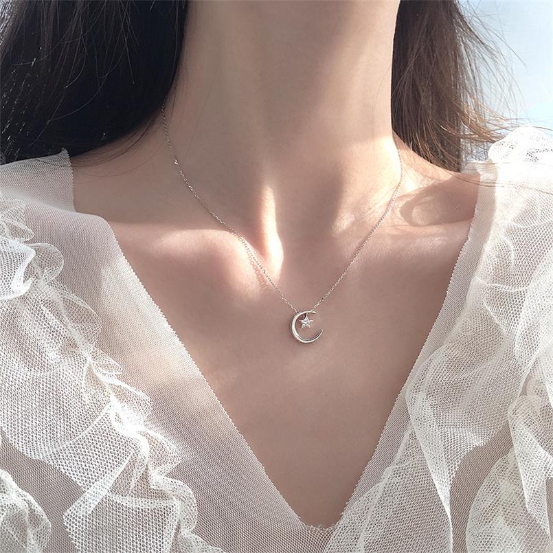 Изображение товара: Новое модное серебряное ожерелье с Луной и звездой, модная простая сверкающая цепочка для ключицы, женские свадебные украшения, вечерние подарки на день рождения