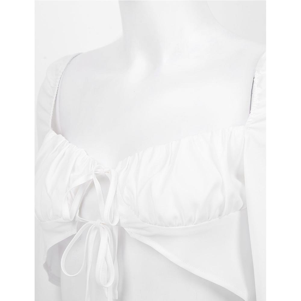 Изображение товара: Женские укороченные топы, блузка, модные однотонные укороченные топы с квадратным вырезом и длинными рукавами, с оборками на груди и завязками спереди, футболка, блузка