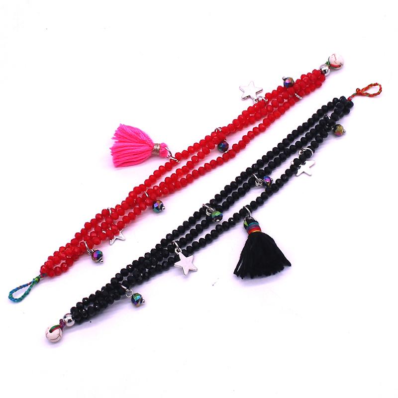 Изображение товара: Модный черный, красный, 4 мм Кристальный браслет, богемский кристалл, 3 слоя, бисерный женский браслет, 5 точек, звезда, кисточка, вечерние ювелирные изделия на запястье