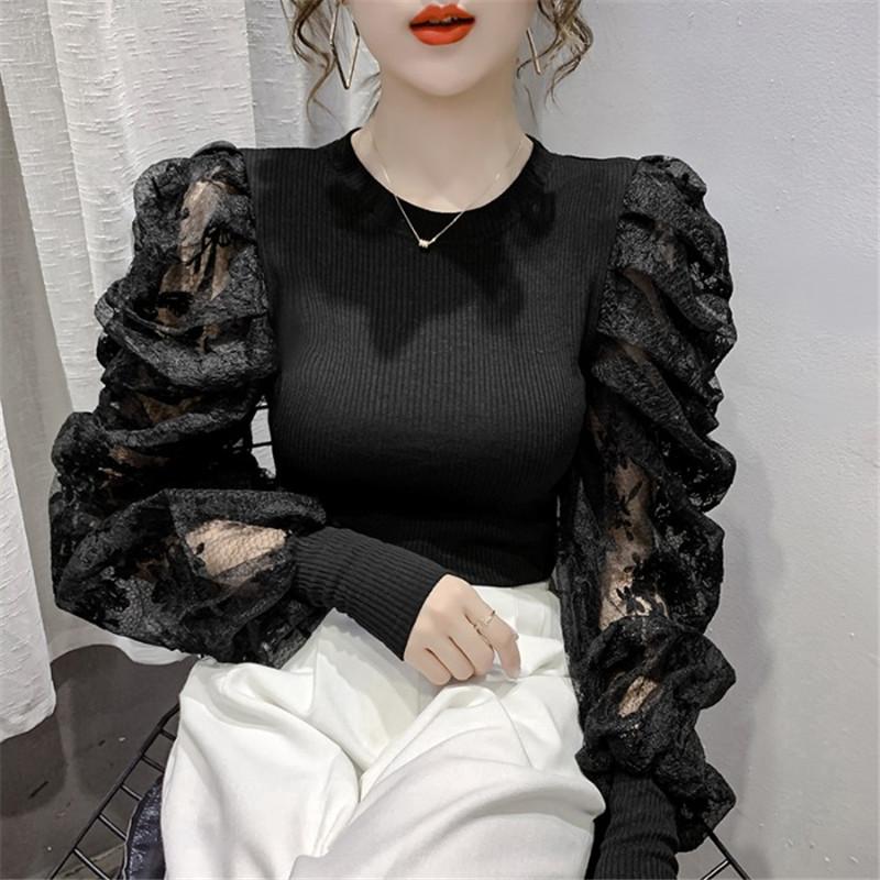 Изображение товара: Женская ажурная сетчатая блузка, кружевная рубашка в стиле пэчворк с цветочным узором и пышными рукавами, Короткие топы в Корейском стиле для весны и осени, A1993