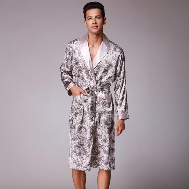 Изображение товара: Халат-кимоно Мужской Атласный с длинным рукавом, Шелковый банный халат с принтом, кофейный банный халат, одежда для сна, лето-осень