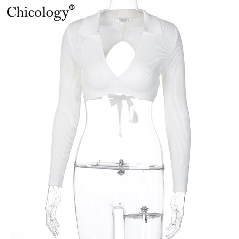 Изображение товара: Женская футболка с длинным рукавом Chicology, с v-образным вырезом и открытой спиной, вечерние, Клубные, укороченный топ, зима-осень 2020, повседневная одежда, уличная одежда