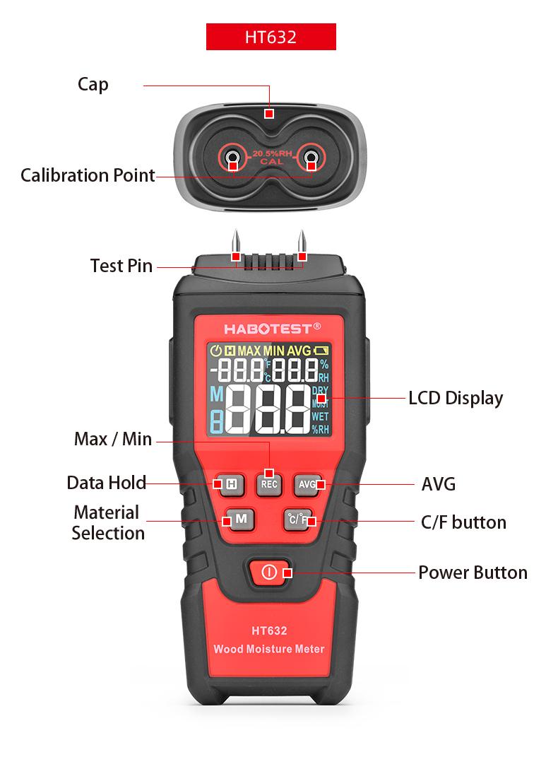 Изображение товара: Измеритель влажности древесины, тестер влажности почвы, двухконтактный цифровой детектор влажности древесины с ЖК-дисплеем HABOTEST HT632 высокая точность гигрометр измеритель влажности влагомер для древесины