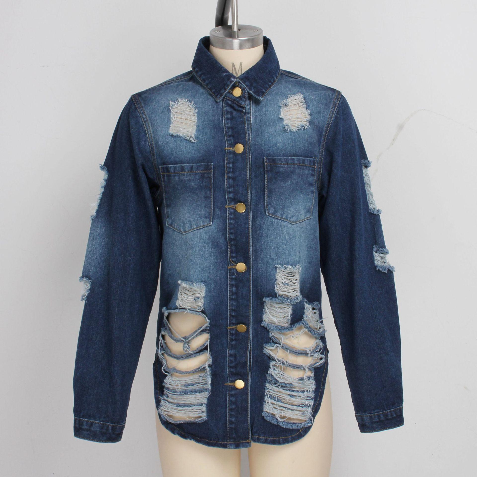 Изображение товара: Горячая Распродажа плюс размер джинсовая куртка для женщин модное рваное длинное пальто повседневная Весенняя и осенняя одежда XL-5XL Прямая поставка