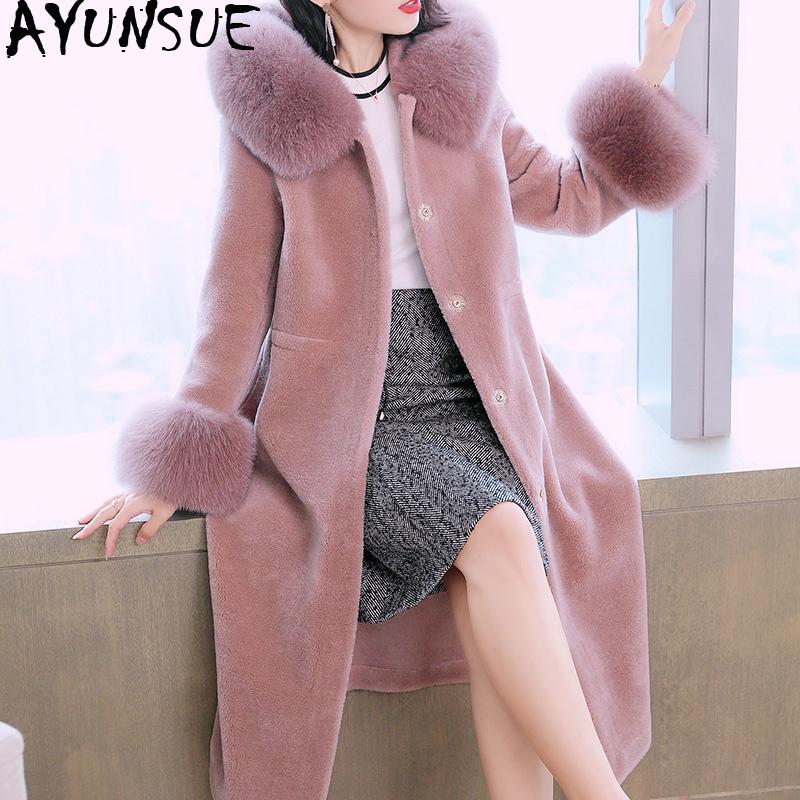 Изображение товара: AYUNSUE настоящая овчина, меховое пальто, женский воротник из лисьего меха, 100% шерсть, пальто 2020, зимняя куртка, женское корейское длинное пальто MY3658