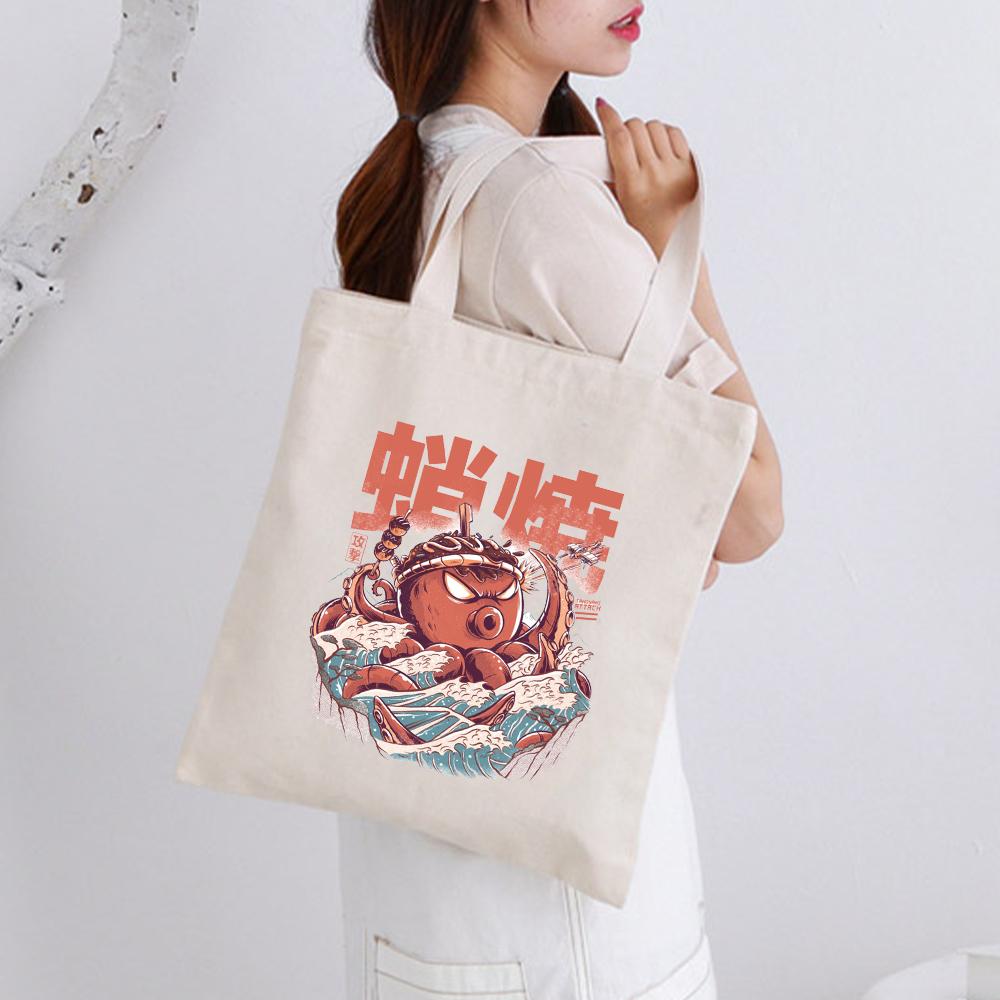 Изображение товара: Складная сумка для покупок из переработанных материалов, экологически чистые Женские сумки в японском стиле, цветочные фрукты, овощи, карман для продуктов