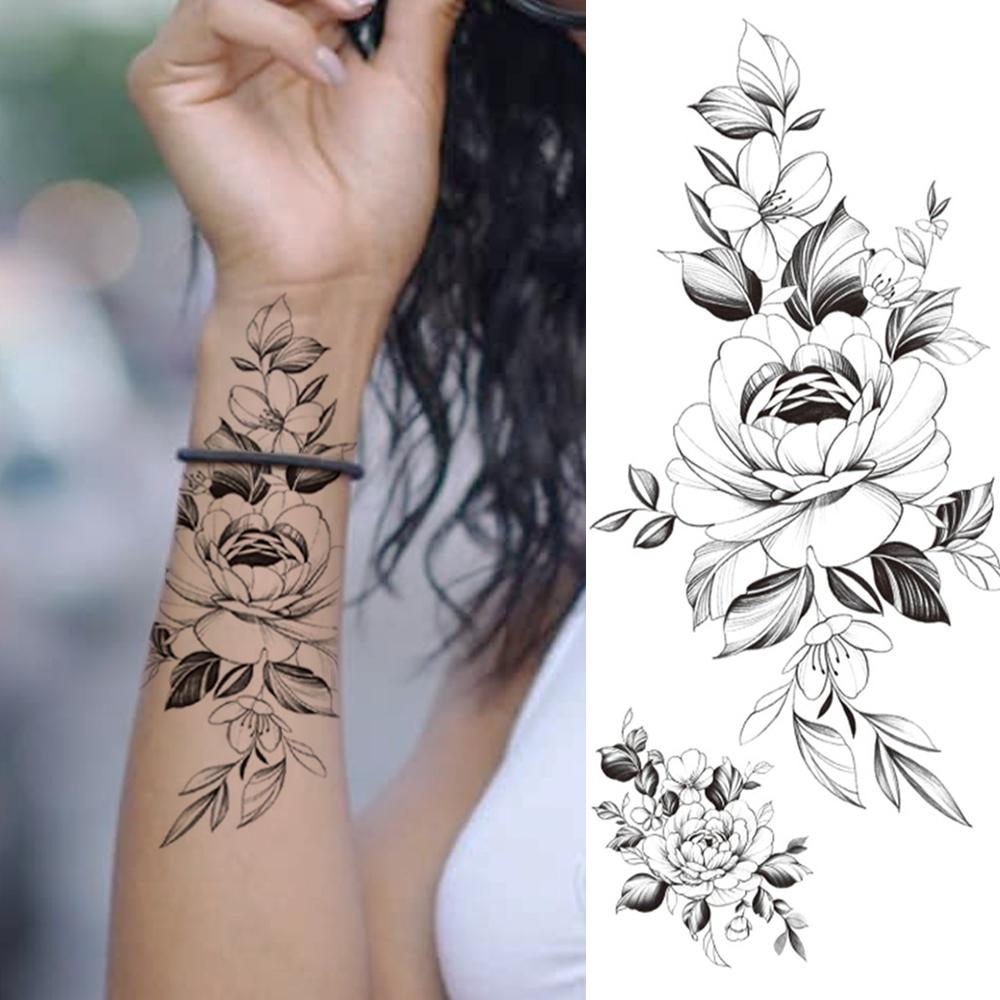 Изображение товара: Сексуальный пион, реалистичные поддельные временные татуировки для женщин, женская черная роза, змея, татуировка, наклейка, DIY боди-арт, передняя грудь, татуировки на руку