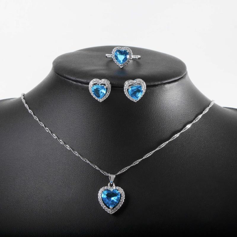 Изображение товара: Jellystory комплект ювелирных изделий 925 серебро ювелирные изделия в форме сердца сапфир драгоценный камень кольцо, серьги, браслет, ожерелье, для женщин, на свадьбу