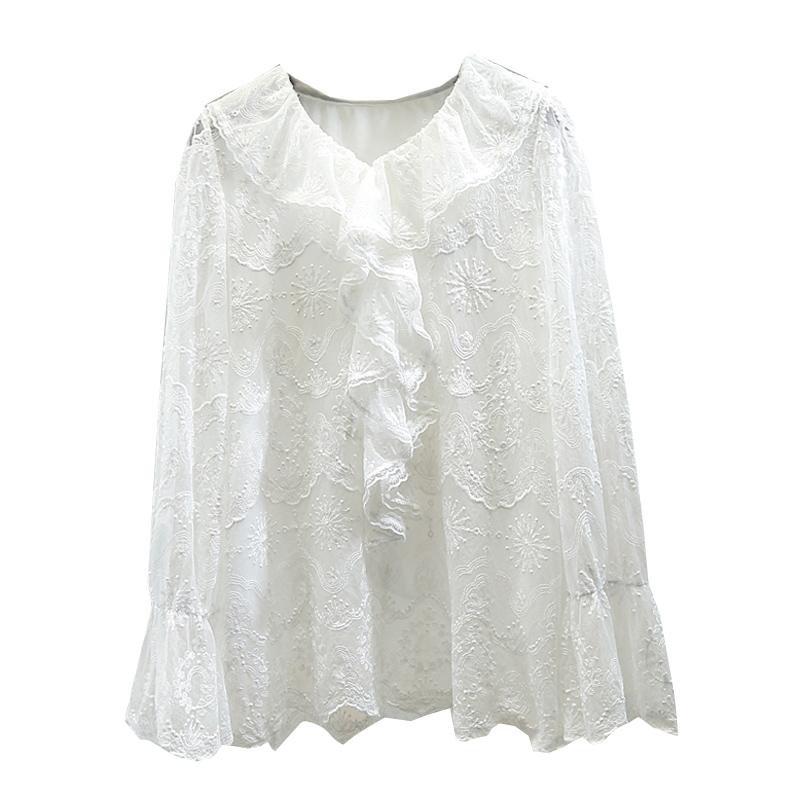 Изображение товара: Женская кружевная блузка, винтажная кружевная блузка средней длины с оборками и рукавами-колокольчиками, размера плюс