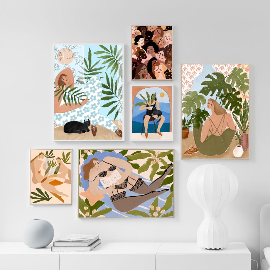 Изображение товара: Абстрактная девушка с листьями, пейзаж, настенная живопись, холст, винтажные скандинавские плакаты и принты, настенные картины для декора гостиной