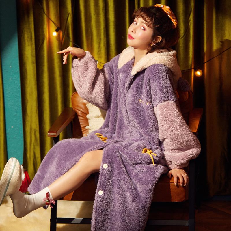 Изображение товара: Женские пижамы, осенне-зимняя теплая фланелевая ночная рубашка, женский корейский Кардиган с капюшоном, домашний сервис, платья, pijama mujer, платье